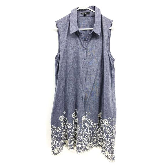 Sharagano Women's Lace Trim Embroidered Sleeveless Denim Look Blue Dress Size 14 - Picture 1 of 4